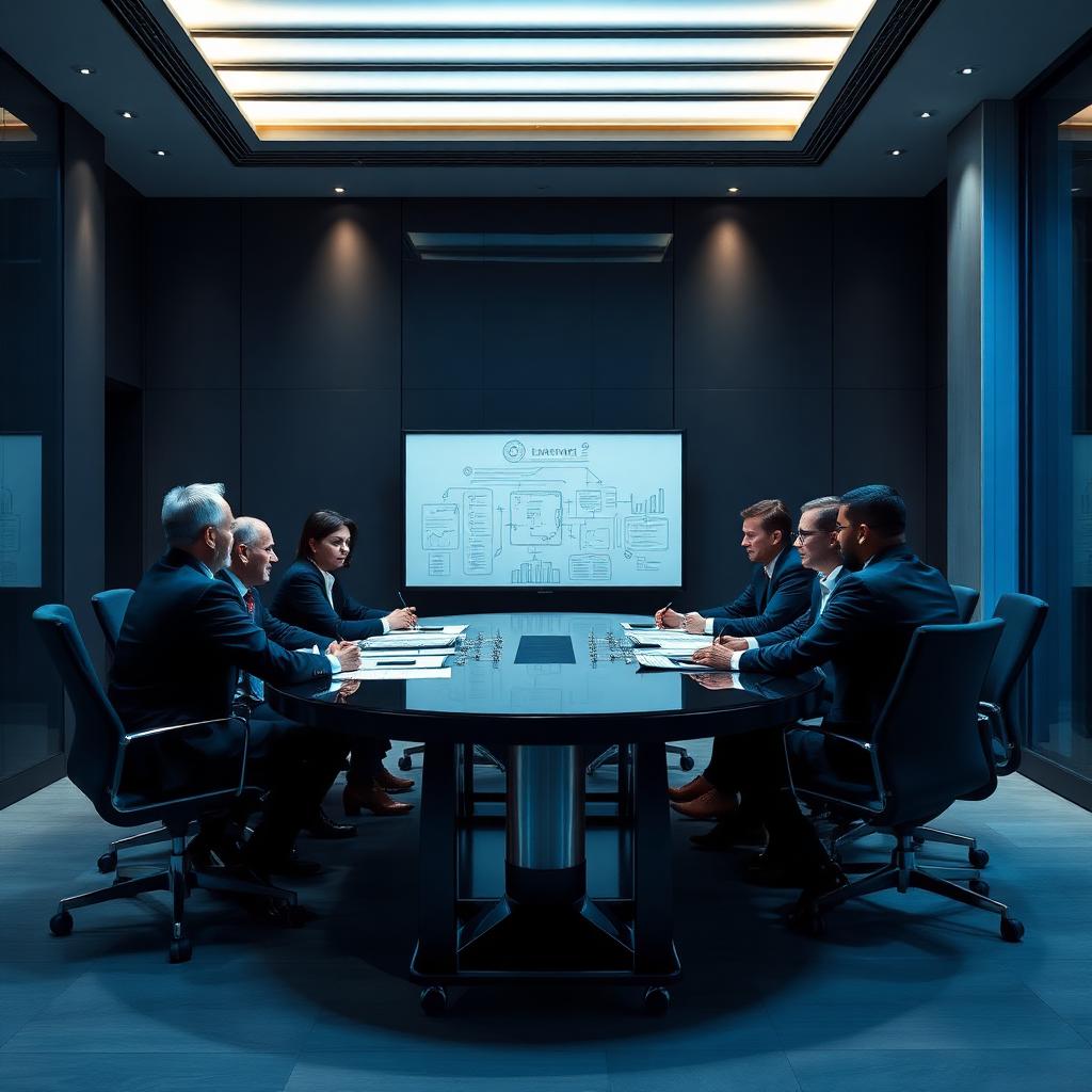 C-suite executives gathered around a strategy roundtable with shared screen and frameworks