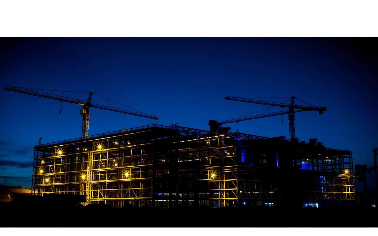Greenfield beverage manufacturing facility under construction at dusk with steel framing and cranes